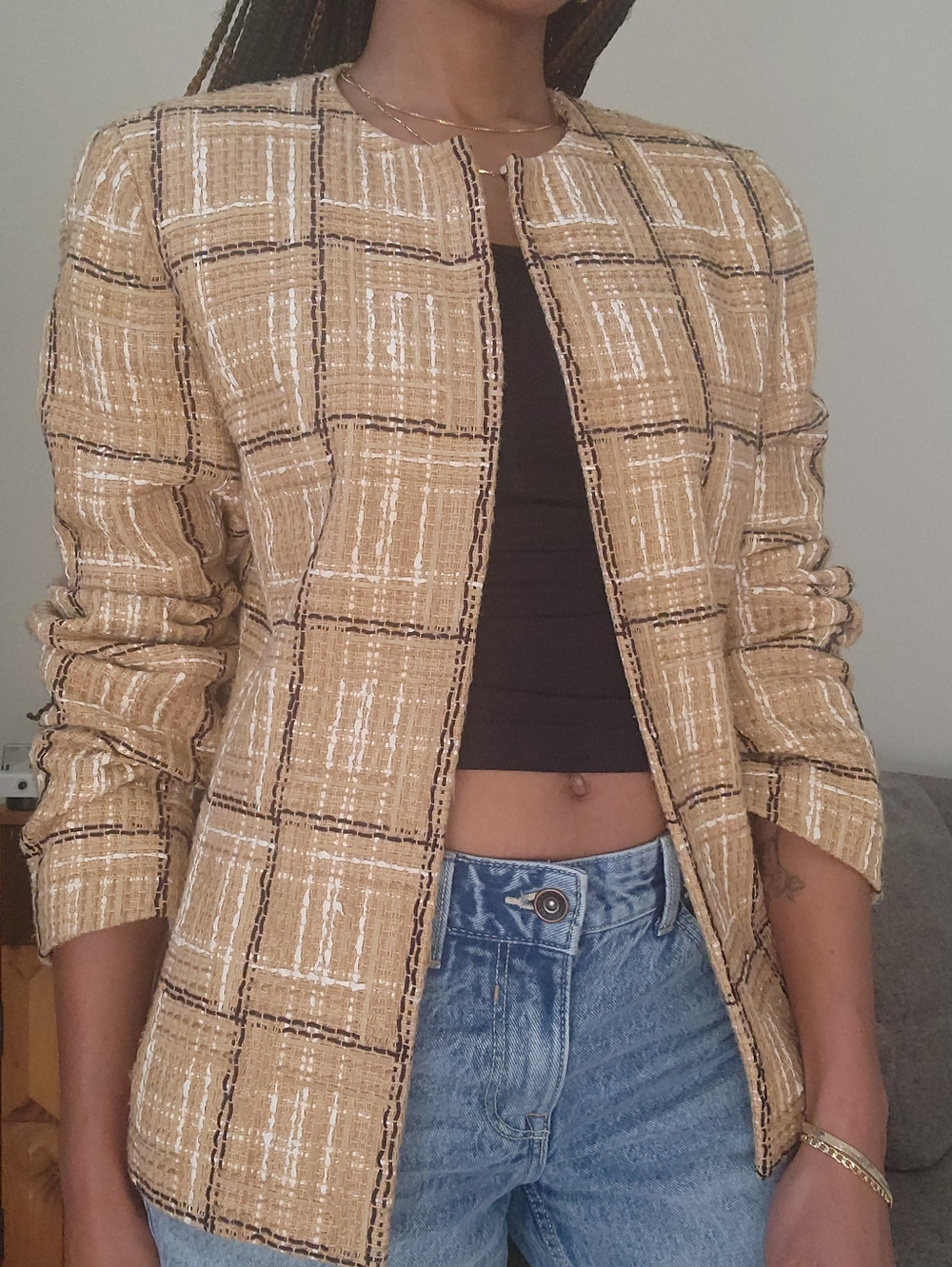 Dana Buchman Tweed Blazer Jacket Tan Plaid Textured Open Front Size 10
